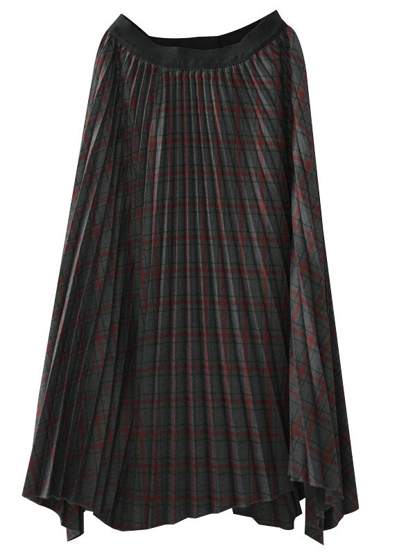 Chocolate Elastic Waist Asymmetrical Design Plaid Cotton Skirt Fall