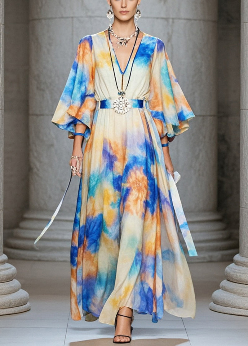 Cinched Tie Dye Chiffon Maxi Dresses Flare Sleeve