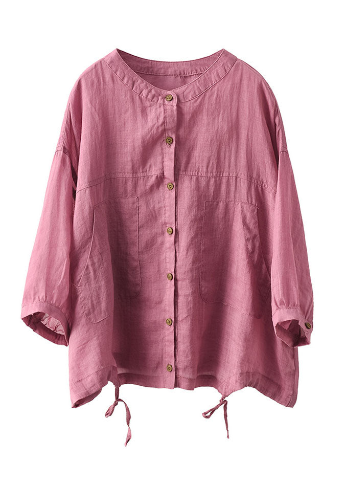 Rose O-neck Patchwork Linen Tops Bracelet Sleeve