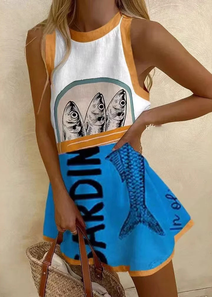 White O Neck Print Patchwork Cotton Mini Dresses Sleeveless