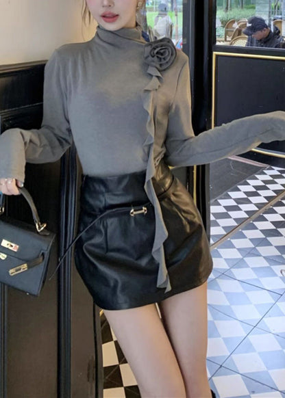 Grey Turtle Neck Stereoscopic Cotton Shirts Fall