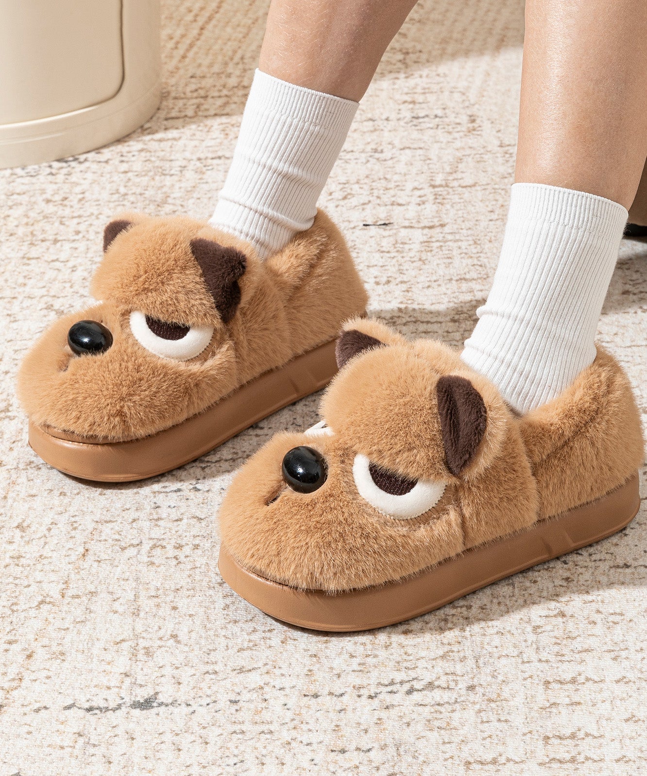 Brown Splicing Cartoon Fuzzy Fur Flat Feet Shoes