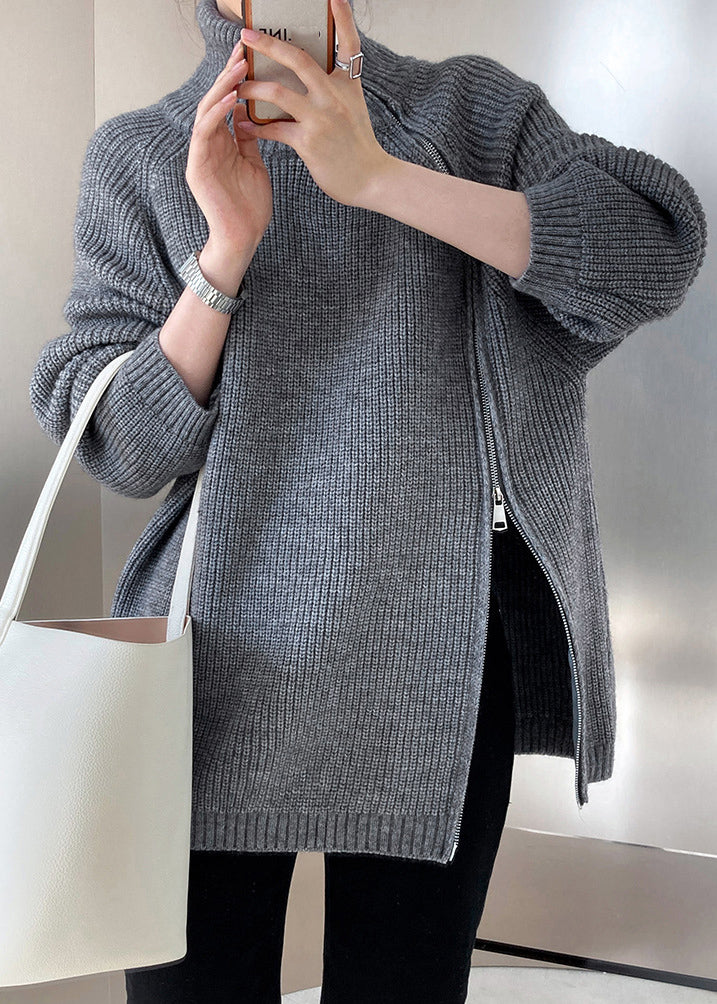 Grey Turtleneck Thick Cotton Knit Sweaters Fall