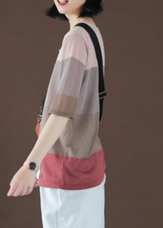 O-neck Striped Patchwork Ice Silk Top Short Sleeve