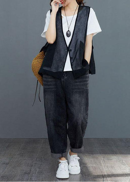 Black Linen Cardigan Vest Large Summer