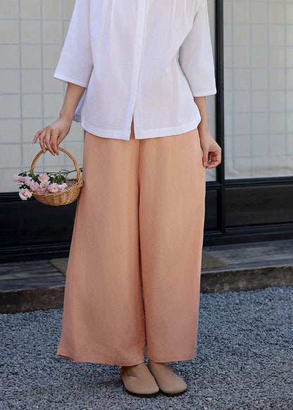 Elastic Waist Pockets Linen Wide Leg Pants Spring