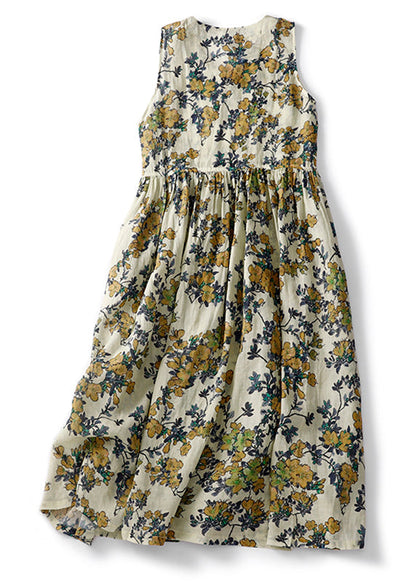 V Neck Print High Waist Linen Dresses Sleeveless