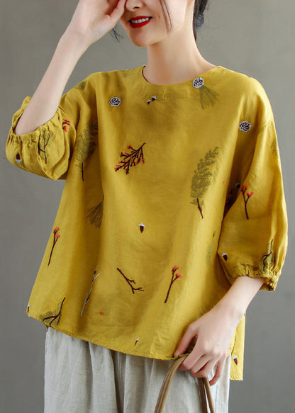 Yellow O-neck Embroidered Patchwork Linen T Shirts Summer