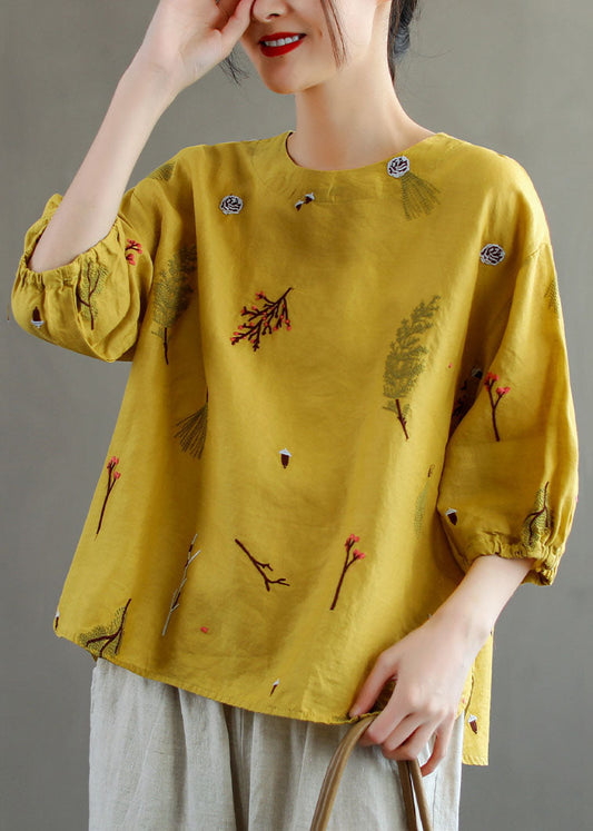 Yellow O-neck Embroidered Patchwork Linen T Shirts Summer