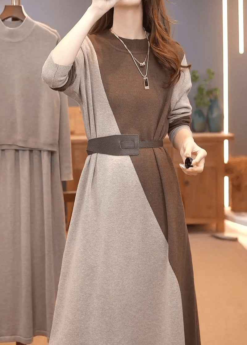 Classy Orange O-neck Patchwork Cotton Knit Sweater Dress Winter