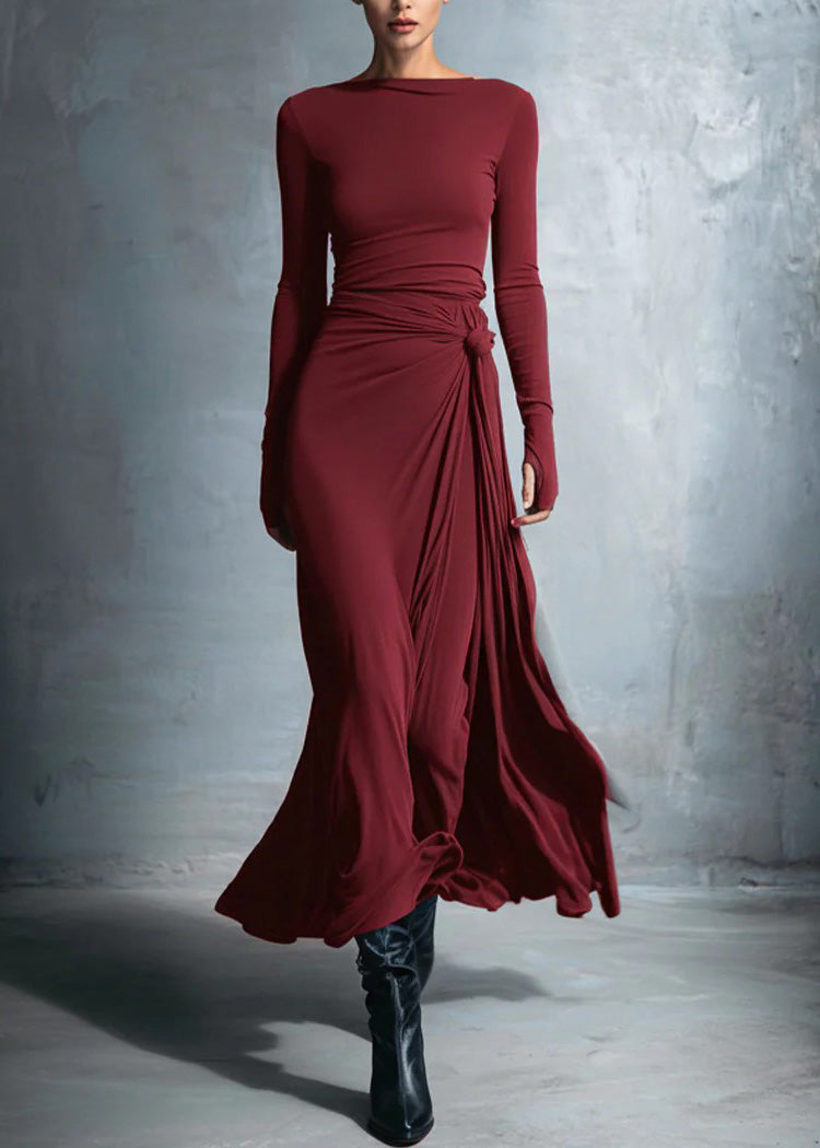 Fitted Grey Slash Neck Patchwork Cotton Long Dress Fall