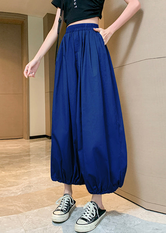 Blue Pockets Elastic Waist Crop Pants Summer
