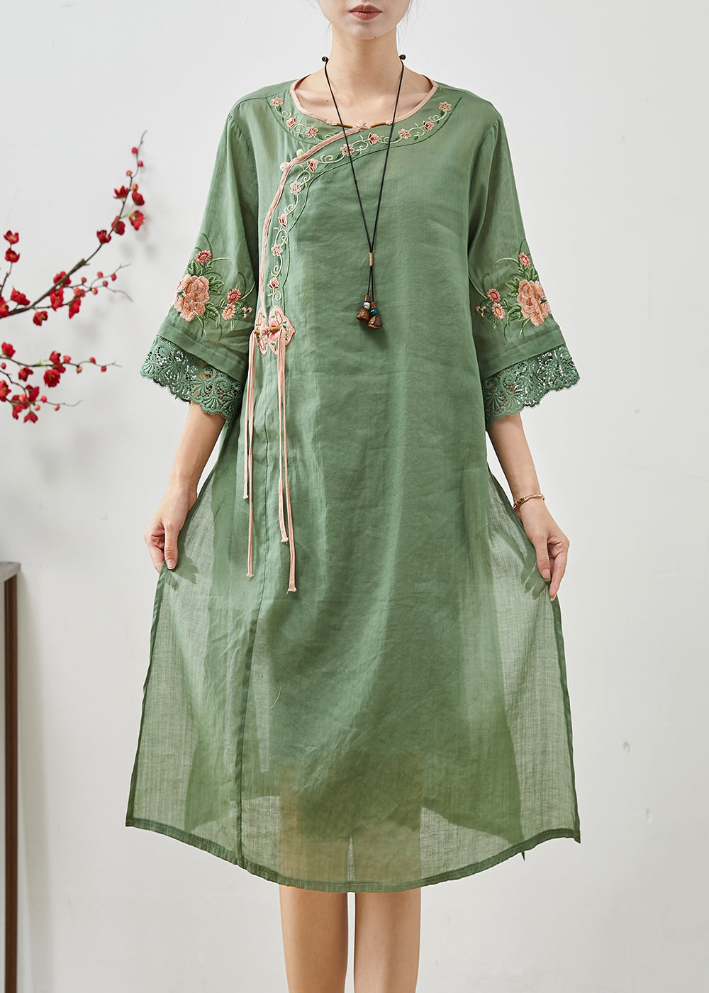 Green Tasseled Embroidered Linen Dresses Summer