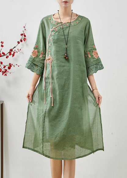Green Tasseled Embroidered Linen Dresses Summer