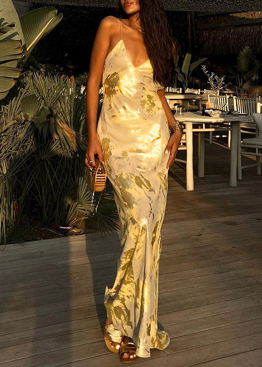 Stylish Gold Backless Cotton Spaghetti Strap Dress Summer