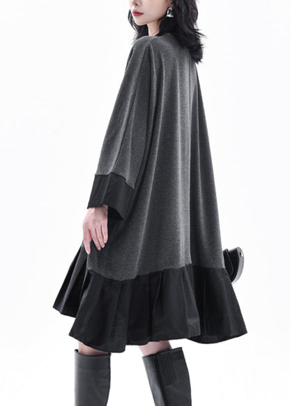 Grey O-neck Patchwork Long Dress Batwing Sleeve