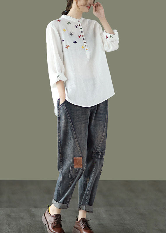 White Stand Collar Embroidered Linen Shirt Spring
