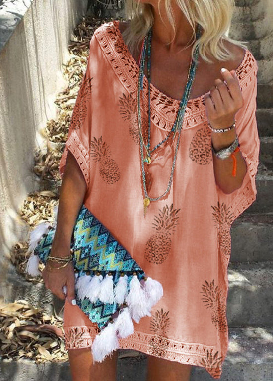 White V Neck Print Lace Patchwork Cotton Dresses Summer