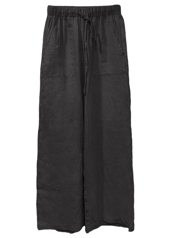 Beige Pockets Lace Up Linen Straight Pants Spring