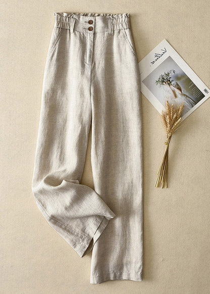 Black-texture High Waist Button Linen Straigh Pants Summer