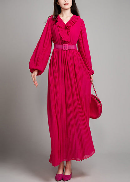 New Green V Neck Wrinkled Cotton Long Dress Fall