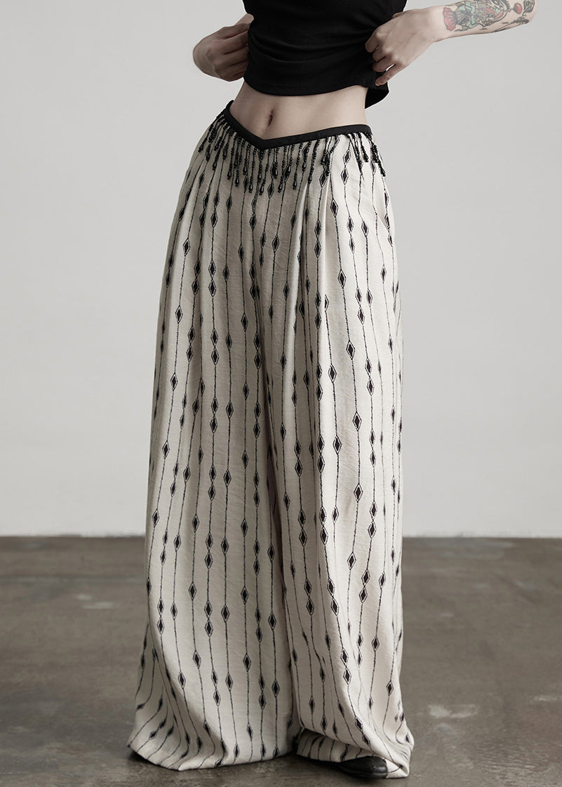 Original Design White Print Pockets Patchwork Thin Cotton Pants Summer