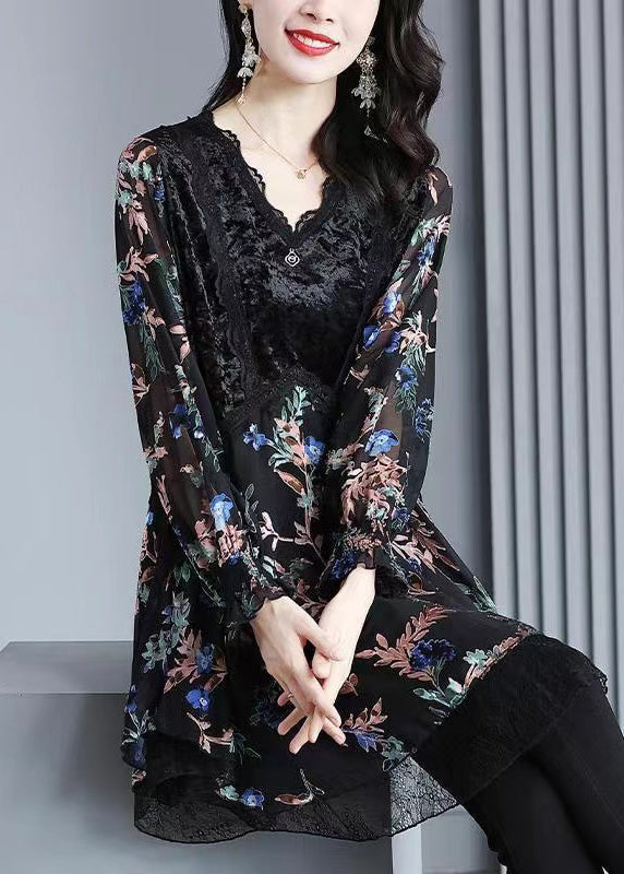 Black Velvet Print Patchwork Chiffon Dresses Spring