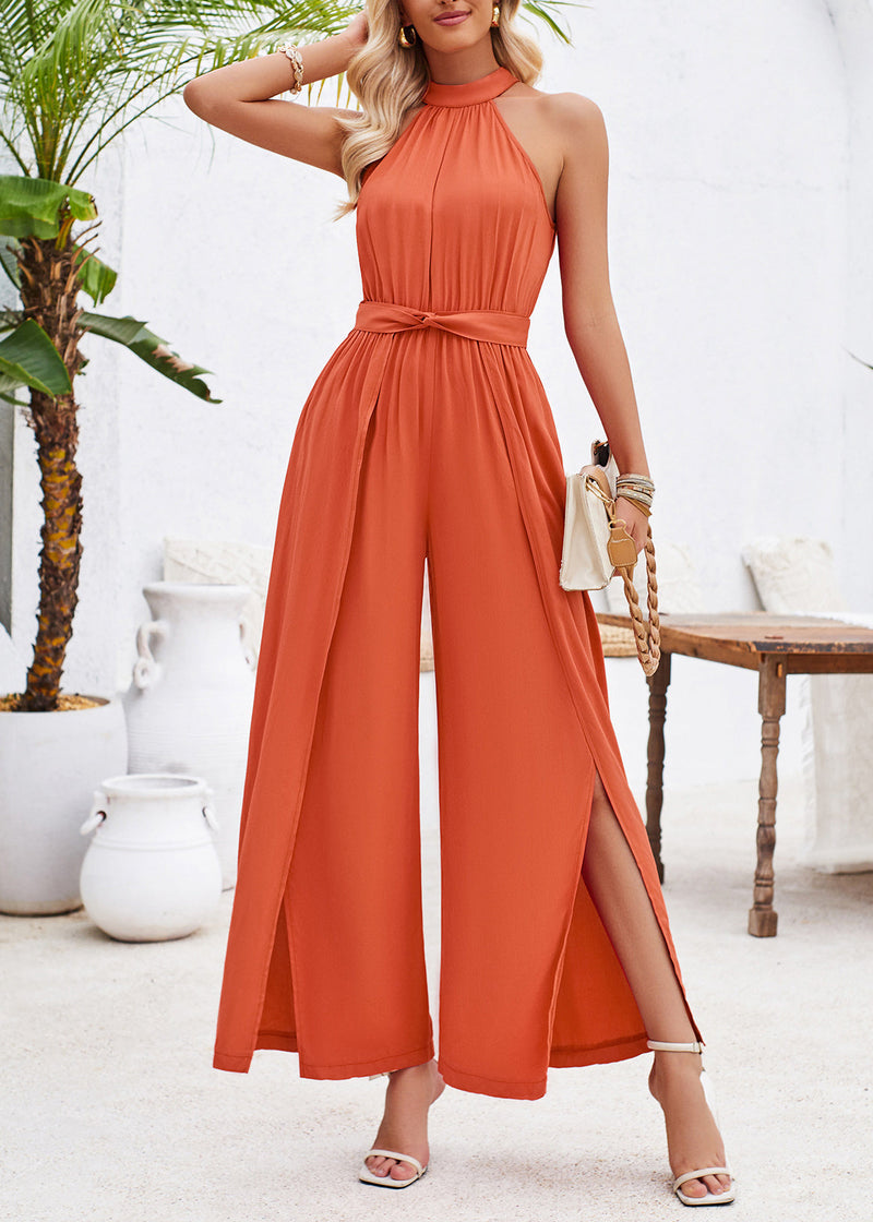 Stylish Green Side Open Tie Waist Cotton Jumpsuit Sleeveless