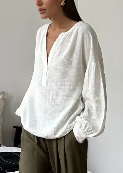 White V Neck Cotton Shirt Fall