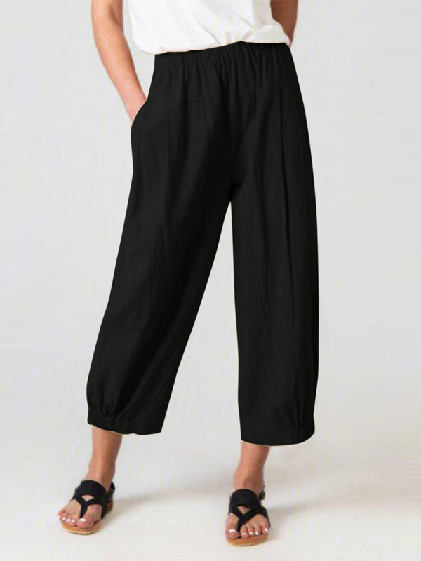 Loose Harem Pants High Waist Cotton Linen Cropped Pants Wide Leg Pants