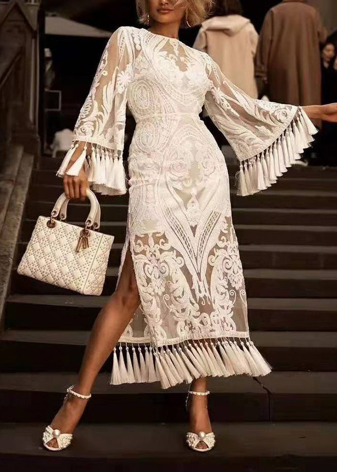 European and American Style White Tassel Embroidered Long Dress