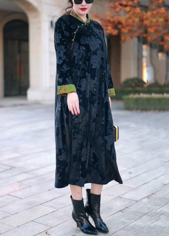 Black Stand Collar Print Silk Velvet Long Dress Winter