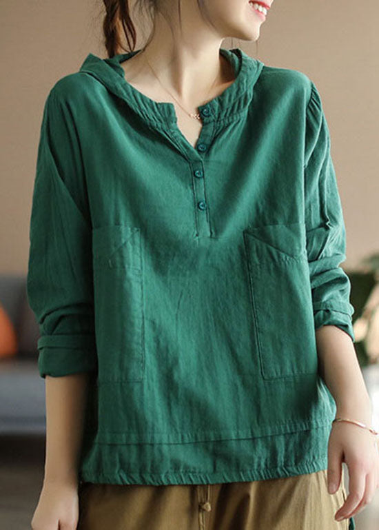 Green Button Patchwork Cotton Top Long Sleeve