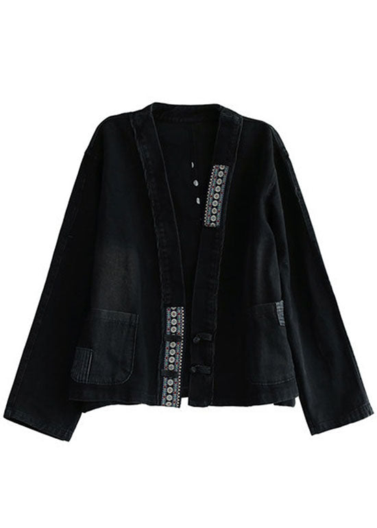 Black Embroidered Pockets Button Patchwork Fall Denim Coat