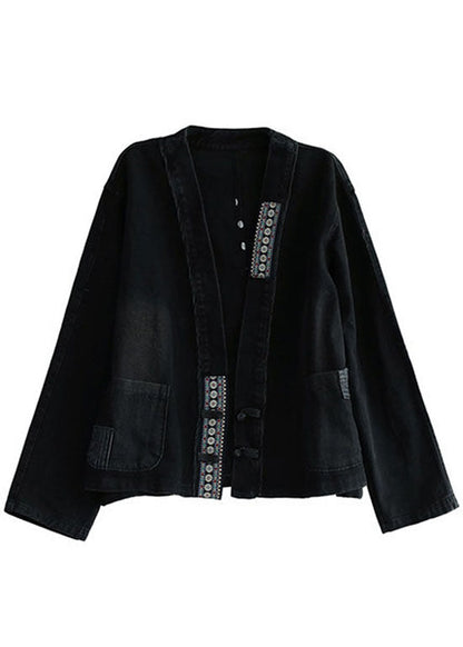 Black Embroidered Pockets Button Patchwork Fall Denim Coat
