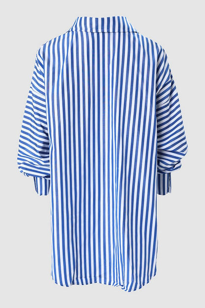 Striped Print Patchwork Asymmetrical Shirt Collar Tops