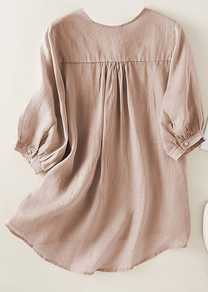 Diy Orange V Neck Embroidered Low High Design Linen Top Half Sleeve