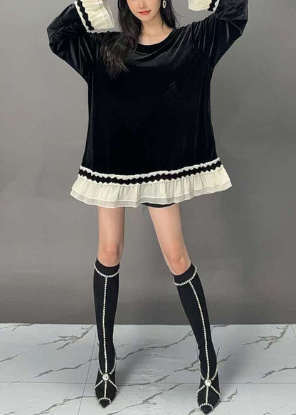 New Black O-neck Patchwork Silk Velour Tops Flare Sleeve