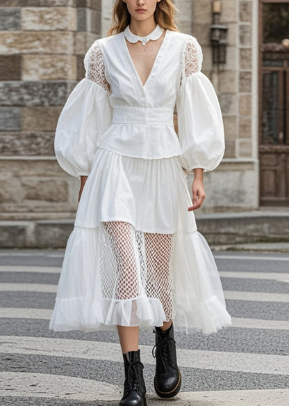 White Hollow Out Patchwork Lace Cotton Vestidos Dress Puff Sleeve