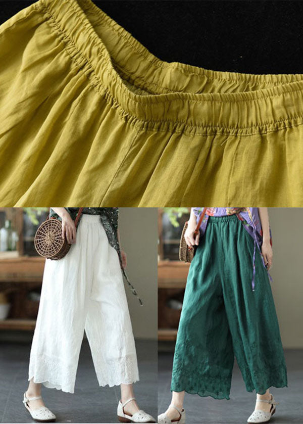 Yellow Elastic Waist Embroidered Linen Crop Pants Summer