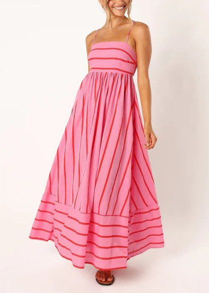 Pink Striped Patchwork Cotton Spaghetti Strap Dress Summer