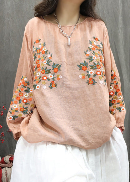 Beige O-neck Embroidered Linen Shirt Top Fall