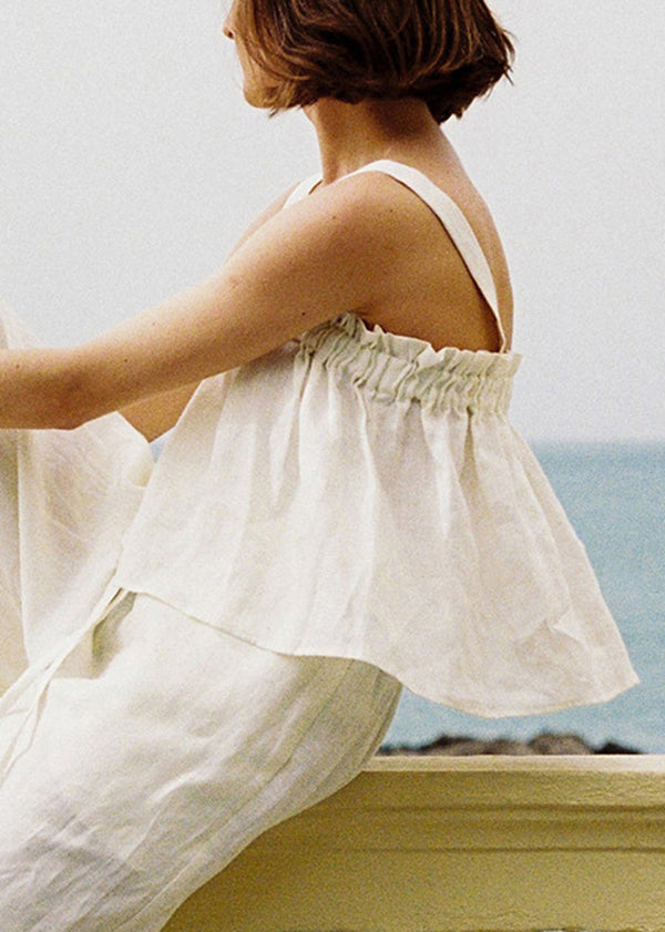 Unique Green Ruffled Linen Strap Top Sleeveless