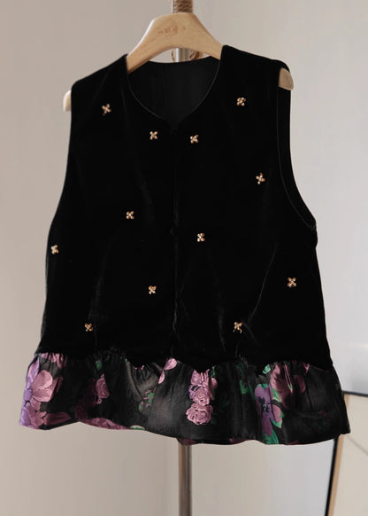 Black O-neck Patchwork Silk Velour Waistcoat Sleeveless