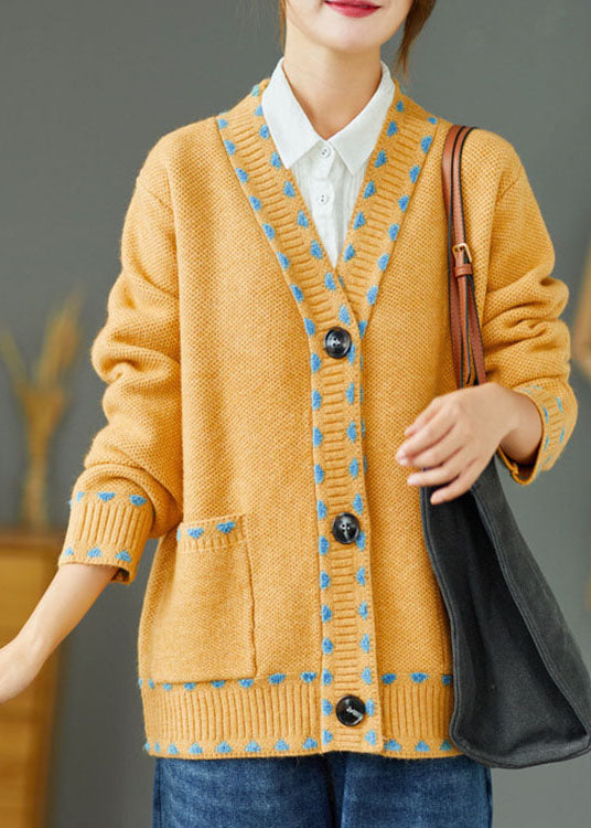 Yellow Loose Button Pockets Fall Knit Sweater Coat