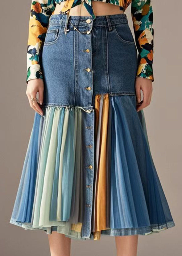 Blue Silm Fit Patchwork Denim Skirt Fall