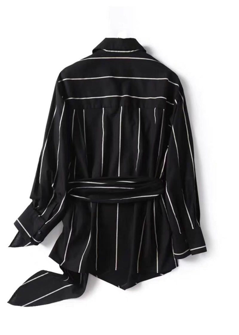 Black Peter Pan Collar Striped Lace Up Linen Tops Fall