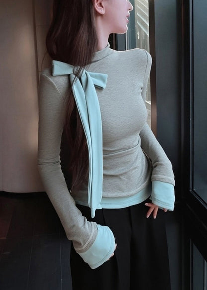 Grey Bow Patchwork Slim Fit Cotton T Shirts Spring