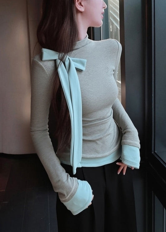 Grey Bow Patchwork Slim Fit Cotton T Shirts Fall
