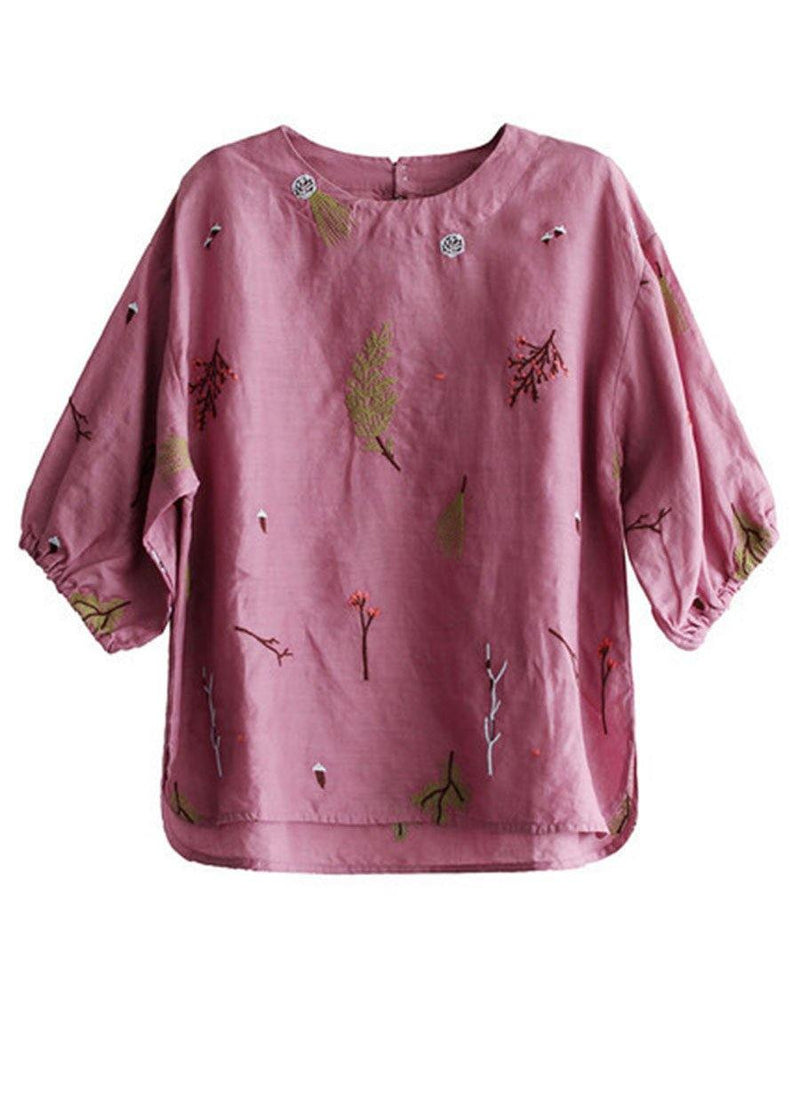 Pink O-neck Embroidered Summer Linen Blouses